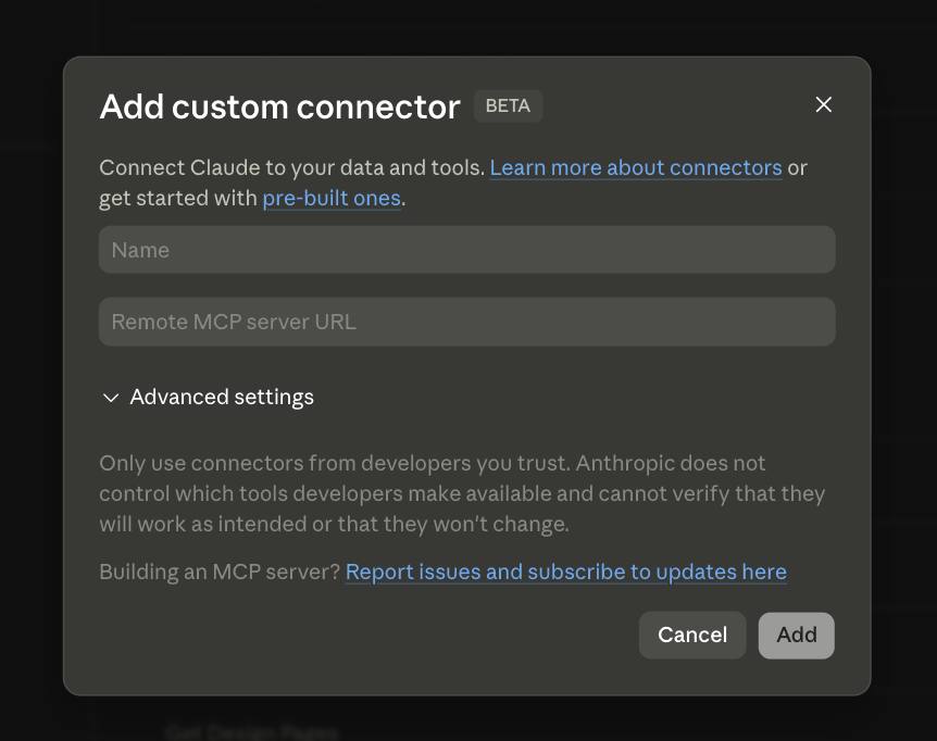 Name + Remote MCP server URL → Add